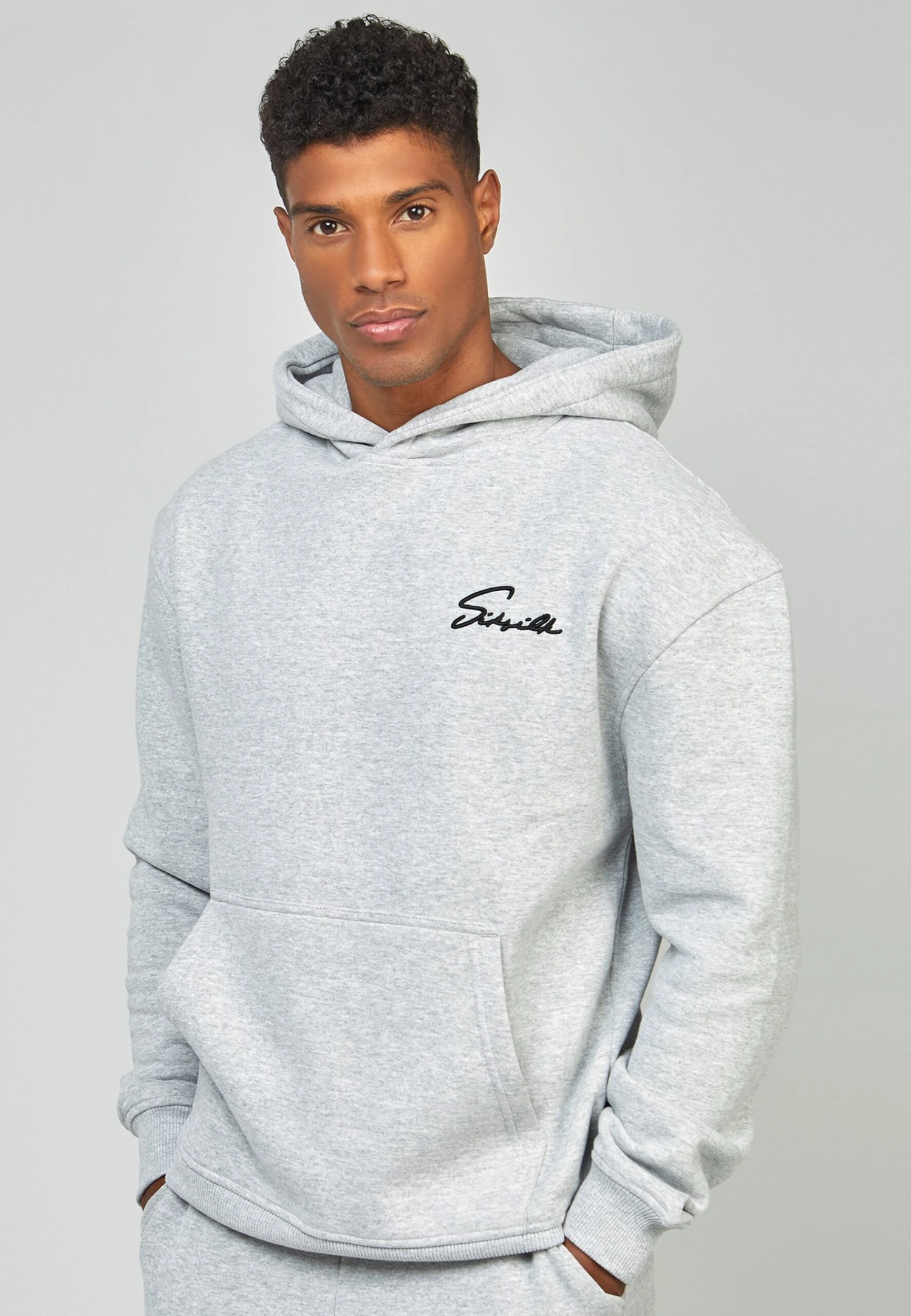 SikSilk Script Embroidery- Hoodie - Grey Marl